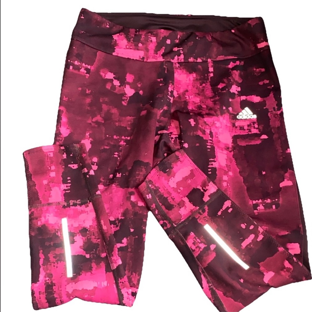 adidas Girls Hot Pink and Dark Maroon Pixel-Print Leggings Size M